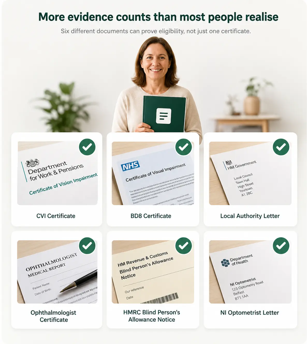 Blind TV Licence accepted documents including CVI, BD8, local authority letter, ophthalmologist certificate, HMRC notice, and NI optometrist letter.