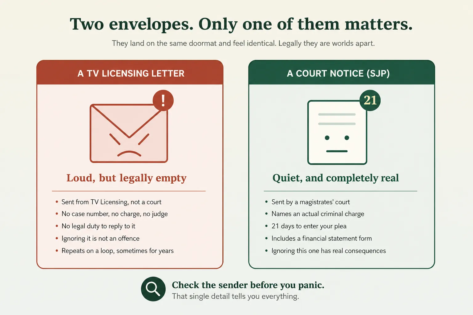 Infographic comparing a TV licensing letter with a court notice