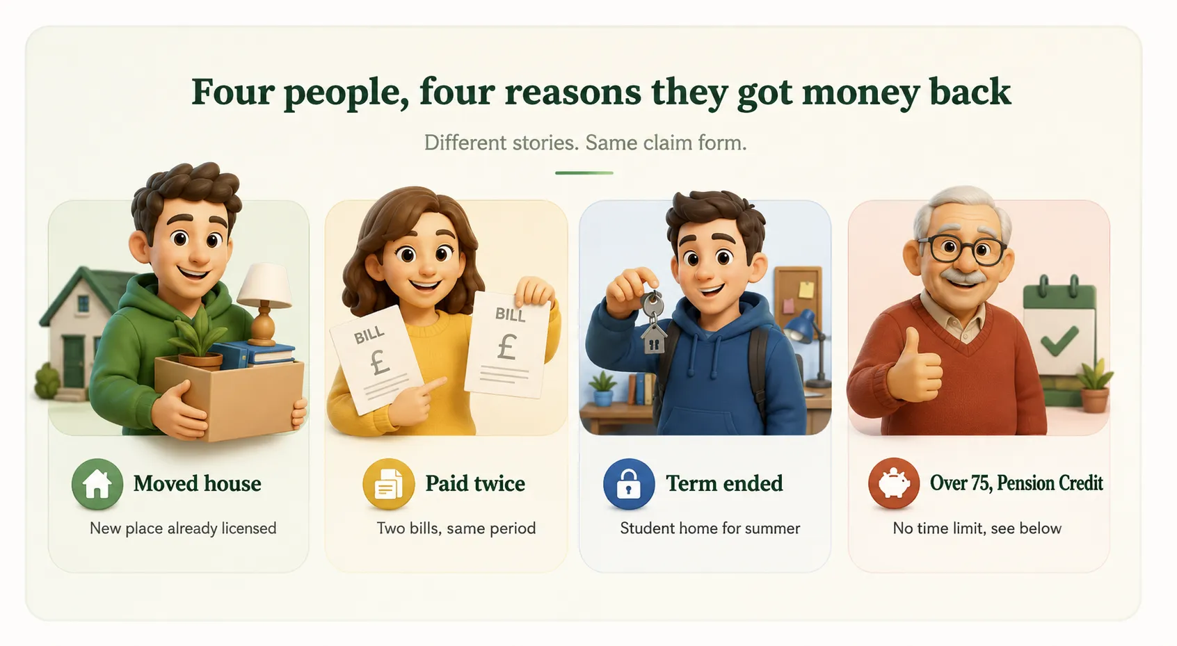 image showing four common reasons for getting a TV licence refund